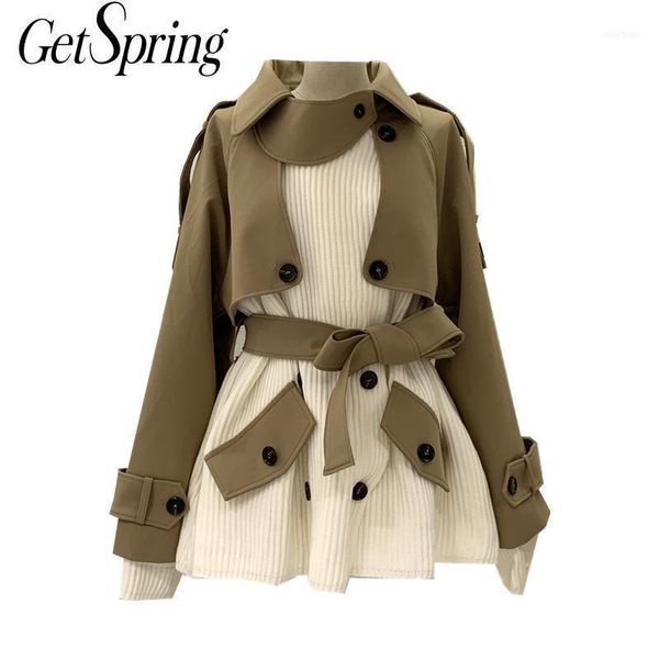 

women's trench coats getspring women coat knitted spliced windbreaker color matching lace up overcoat with wide leg pants winter1, Tan;black