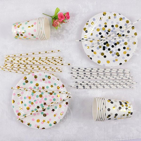 

disposable dinnerware 45pcs gold black dot with star dinner paper plates drinking straw cup foil silver party decoration supplies tableware