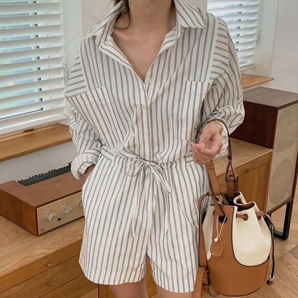 

korean chic wild lapel single women jumpsuits breasted thin high waist drawstring tie casual straight striped overalls, Black;white