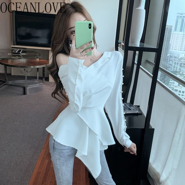 

irregular women blouses beading solid ruffles elegant korean blusa skew collar off shoulder ropa mujer 14892 210415, White