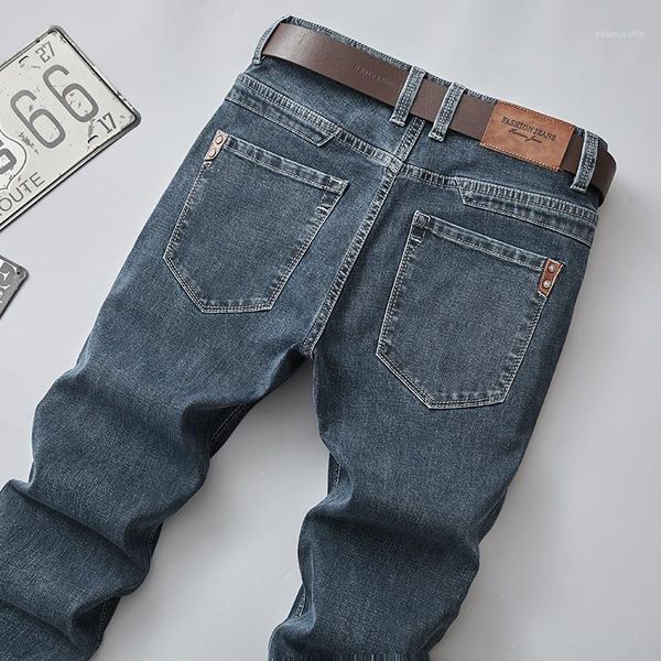 

men's jeans brand business straight stretch casual pants classic style regular fit denim trousers 2021 autumn male clothing, Blue