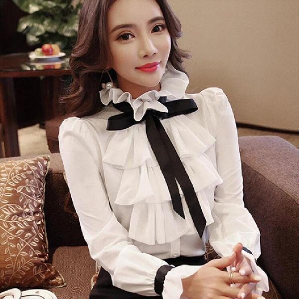

fashion white ruffled bow women shirts long sleeve casual chiffon work wear office