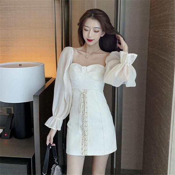 

casual dresses square collar mesh puff sleeve short dress female autumn fashion slim lace up bag hip, Black;gray