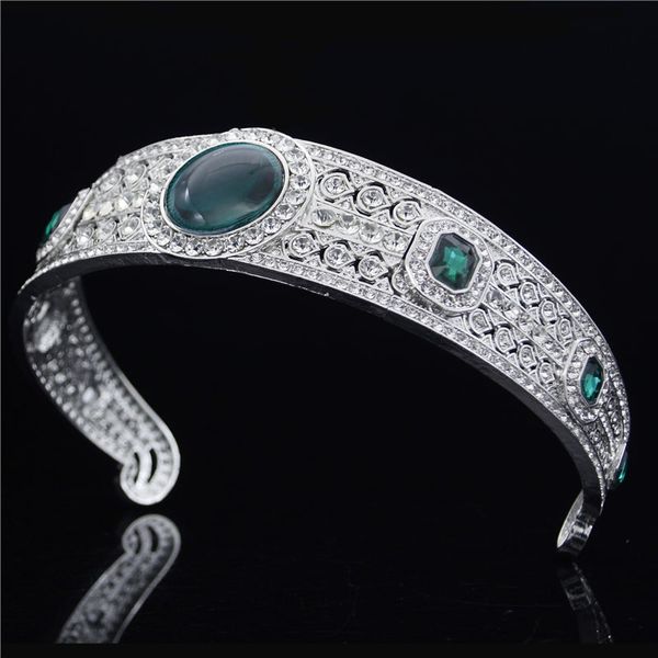 

luxury queen royal headband green crystal tiara rhinestone crown bridal diadem wedding hair accessories jewelry bride headdress, Slivery;golden