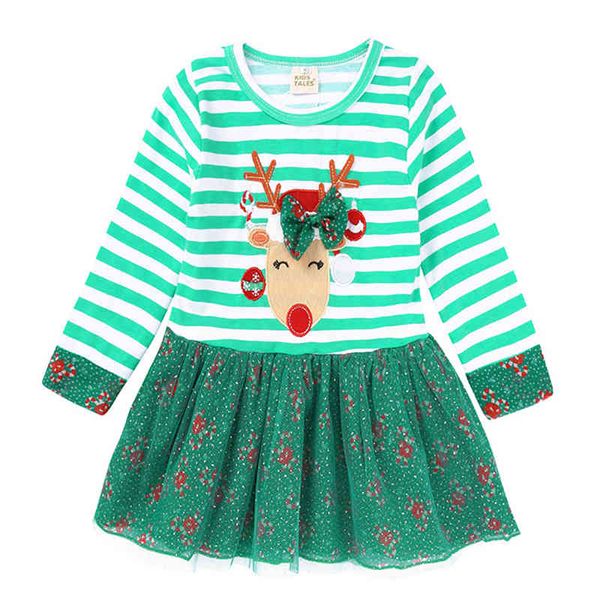 

christmas deer autumn baby kids girl dresses for s long sleeve stripe tulle 210429, Red;yellow