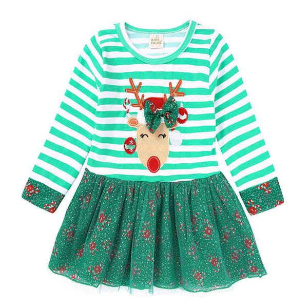 Christmas Deer Autumn Baby Kids Girl Abiti per s Tulle a righe a maniche lunghe 210429