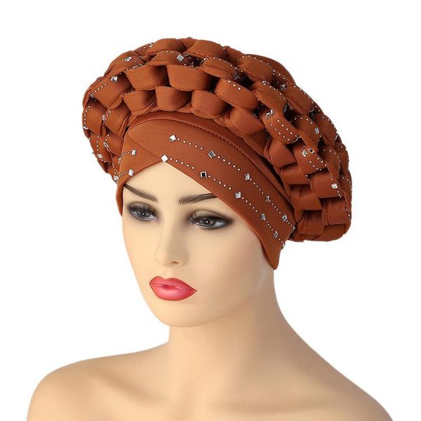 

beanie/skull caps african turban cap latest auto gele headtie islamic hat with shiny stones for ladies nigerian already made, Blue;gray