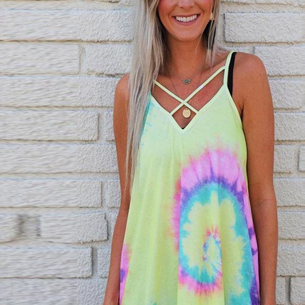 

tie dyed fashion womens cami v neck sleeveless clothes summer bright female hollow out clothing, White