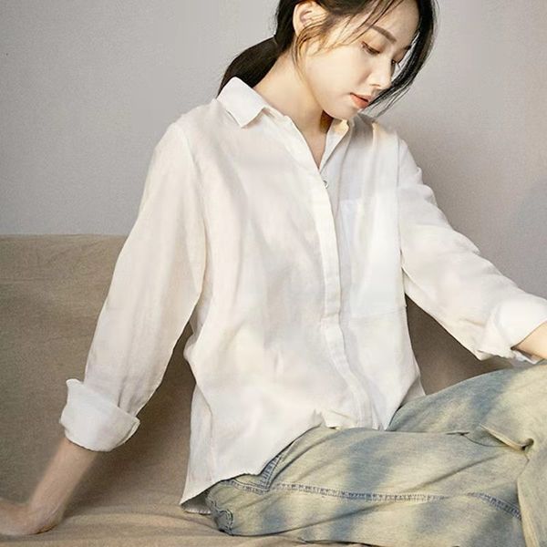 

women's blouses & shirts 2021 arrival spring/autumn women long sleeve turn-down collar blouse all-matched print cotton linen casual w31, White