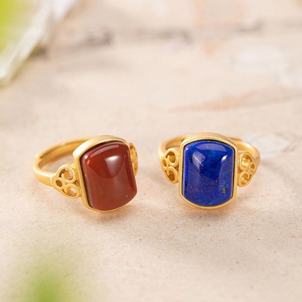 

cluster rings classic trendy s925 pure silver gold south red agate goldstone high-end retro lady opening ring engagement jewelery accessorie, Golden;silver
