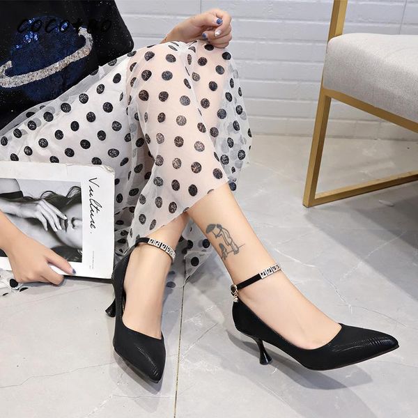 

dress shoes 2021 spring and autumn word buckle strap stiletto heels pointed single women wild work scoop, Black