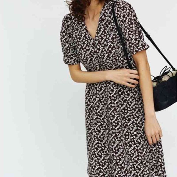 

neploe v neck chic print drawstring knee-length dresses spring summer puff short sleeve women dress simple vestidos 210510, Black;gray