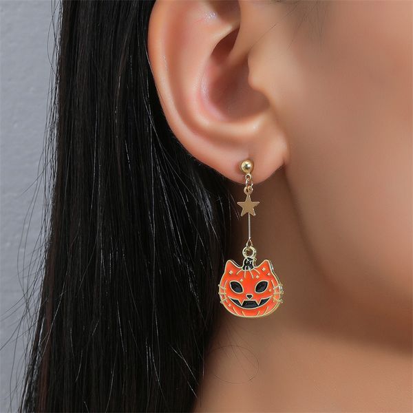 

yamog asymmetrical pumpkin ghost cat earrings stud european halloween horror earring hook women alloy star festival gift ear jewelry accesso, Golden;silver