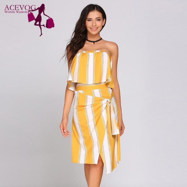 

two piece dress stripes bandeau and cross hem knee length bow sleeveless contrast color casual skirt set high waist, White