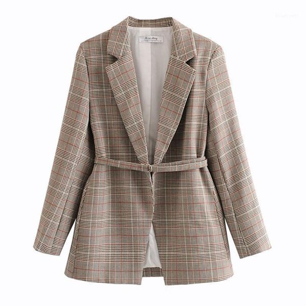 

spring suit jacket retro ladies check suits europe america fashion plaid blazer casual outerwear with belt women's & blazers, White;black