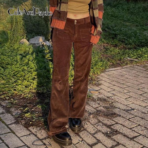

women's pants & capris retro grunge straight trousers harajuku solid brown low waist corduroy cloth vintage 90s cute pockets long cutea, Black;white
