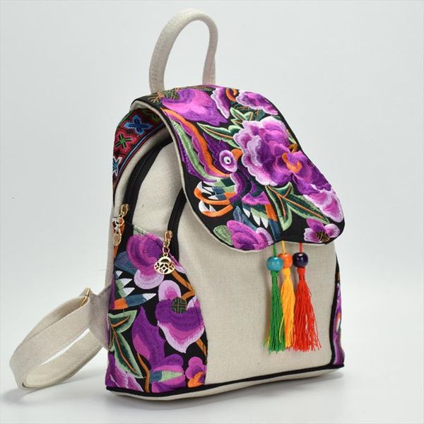 

womens flowers embroidery backpack girls fashion national style mini creative handmade cotton ladies tassel bagpack