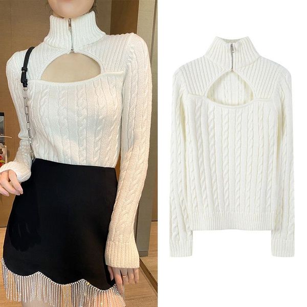 

spring autumn women sweaters and pullovers front hole zip little pullover knit white jumper fashion jersey korean women's, White;black