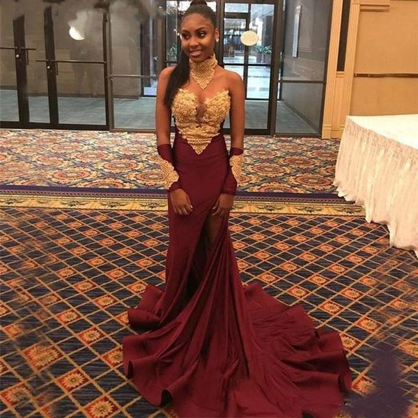 

party dresses black girl burgundy long sleeve evening dress mermaid prom high neck gold appliques split sice dubai, White;black