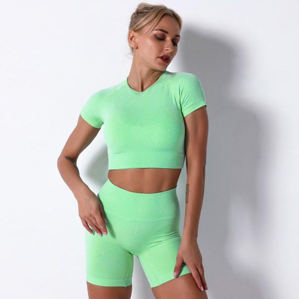 

yoga outfit seamless shorts sets women short sleeve high waisted sports 2 piece set sport