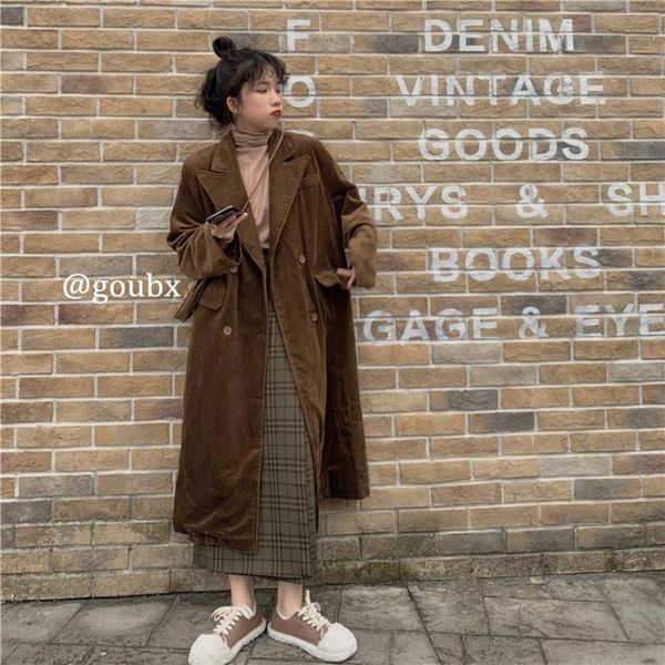 

women's wool & blends retro corduroy trench coat for women 2021 spring and autumn korean style loose all-matching mid-length fashion, Black