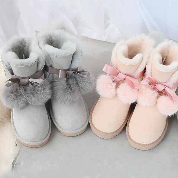 

boots brand winter genuine sheepskin women's sheep wool australia snow sweet bow ball flat fur girl students shoes, Black