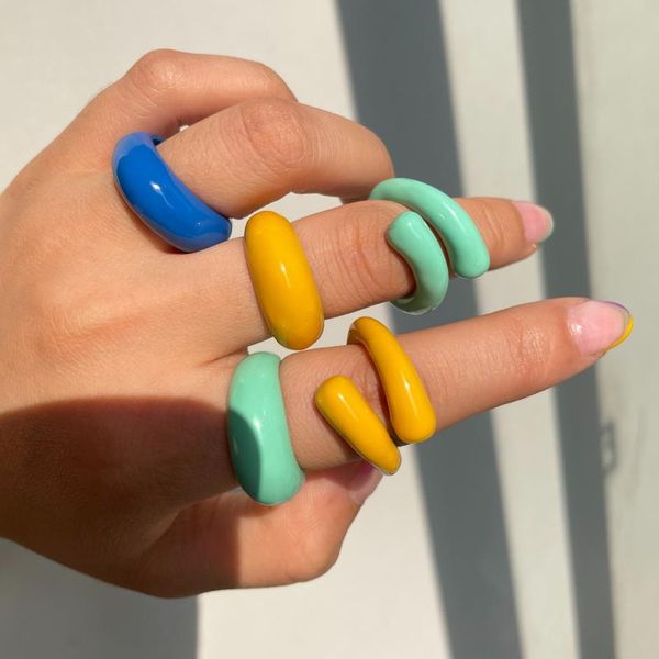 

cluster rings huanzhi 2021 trendy colorful geometric irregularity circle drip glaze for women girls party wedding jewelry, Golden;silver