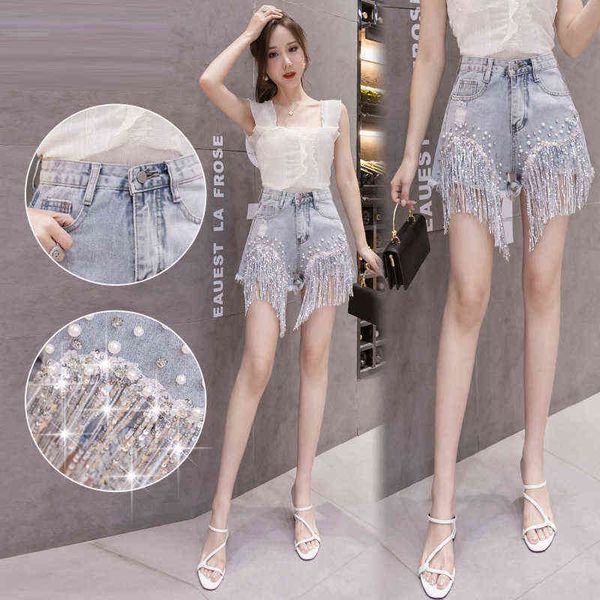 

summer casual loose beaded tassel diamond female high waist shorts jeans women fashion all-match pants lady clothing 211129, Blue