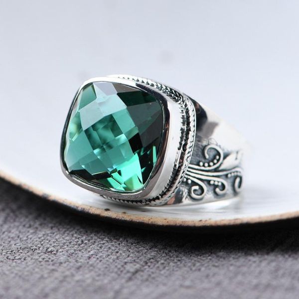

polyhedron green zircon ring 925 silver fashion original s925 sterling rings for women jewelry adjustable size cluster, Golden;silver