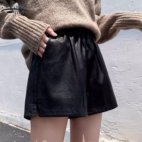 

women's pants & capris 2021 winter wide leg loose pu leather short fashion slim black all-match high waist woman pantalon corto 11267, Black;white