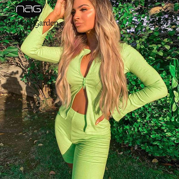 

newasia ribbed shorts sets womens loungewear set 0-neck zipped split long sleeve two piece set home casual suit white 210413, Gray