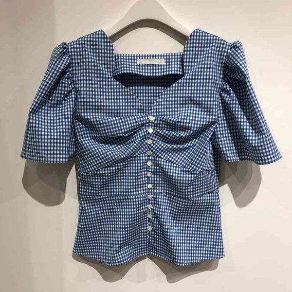 

fresh summer plaid shirt women short blouses korean fashion puff short sleeve women crop camisas mujer 210514, White