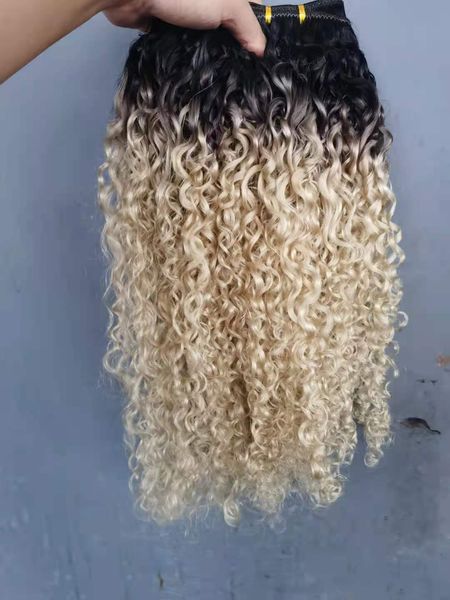 Brazilian Human Jungfrau Remy Curly Hair Schuss Top Extensions Ombre Farbe Schwarz/Blonde 613#
