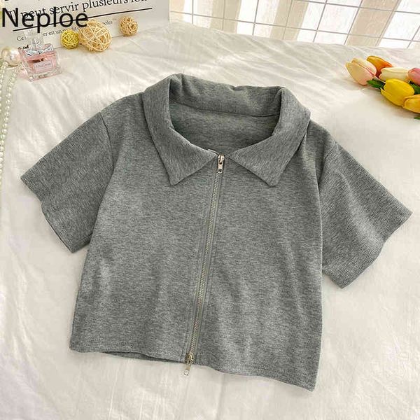 

neploe casual cropped women tshirts summer korean fashion shirt turn down collar short sleeve tees zipper white crop mujer 210422