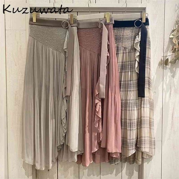 

kuzuwata high waist hip a line skirt women draped design plaid striped split jupe femme spring summer outwear faldas 210730, Black