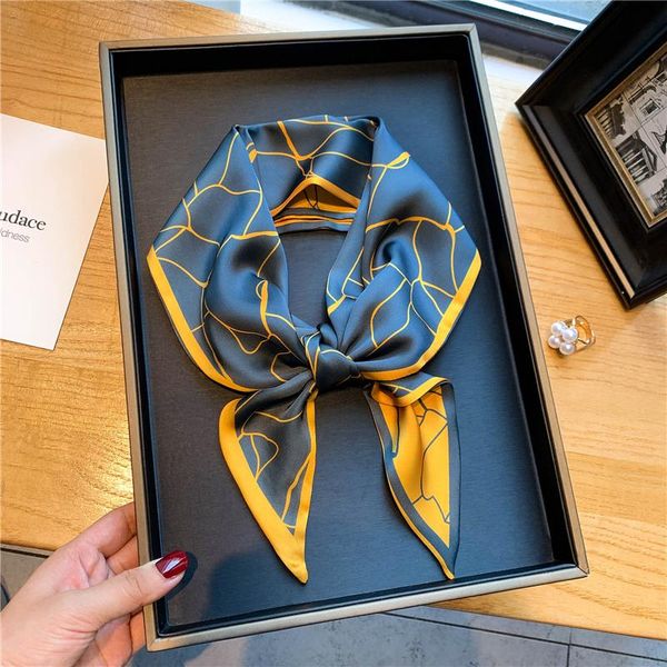 

scarves luxury print silk skinny hair scarf for women design headband neck tie ribbons scrunchies female bandana kerchief foulard 2021, Blue;gray