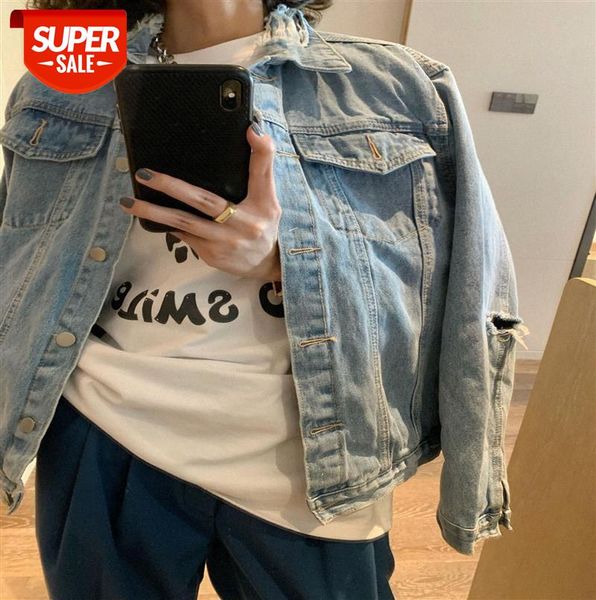 

loose korean casual jacket begging arm ripped denim collar frayed #363p, Black