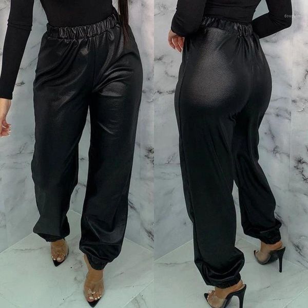 

women's pants & capris stylish pu leather elastic waist trousers zanzea casual streetwear long pantalon female solid turnip plus size, Black;white