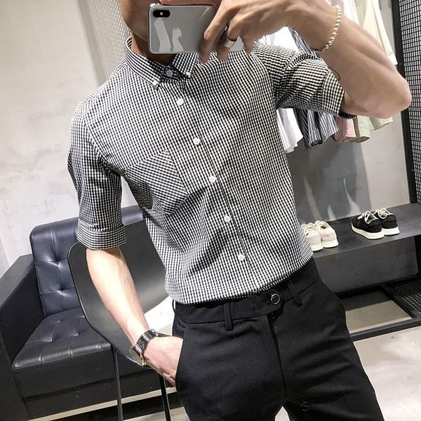 

men's casual shirts 2022 mens summer korean style slim plaid spliced turn-down collar single breasted pockets shirt fashion blouse, White;black