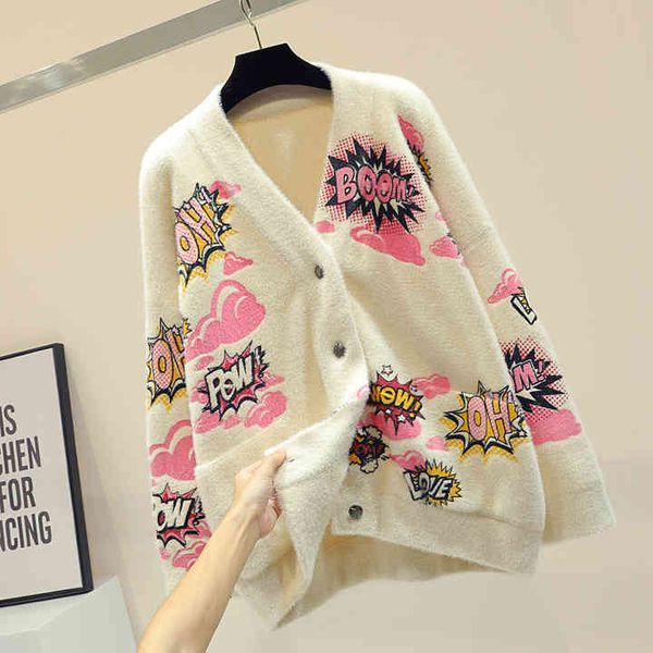 

korean style cardigan sweater female chic thickening warm v-neck letter jacquard knitting jacket student winter loose cardigans, White;black