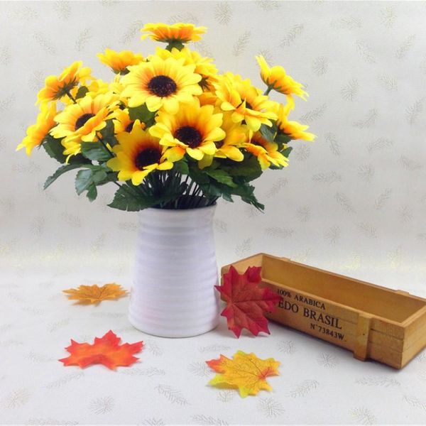 

selling 1 bouquet lifelike artificial yellow sunflower plastic heads home party decorations props decorative flowers & wreaths