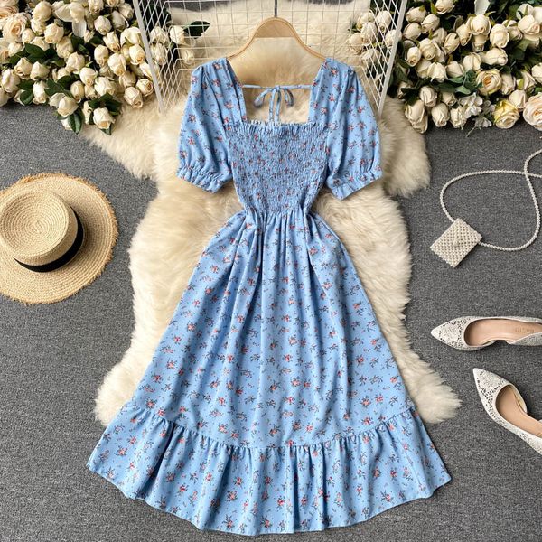 

dresses women korean floral square collar sleeve a-line ruffles es summer elastic ruched boho print midi, Black;gray