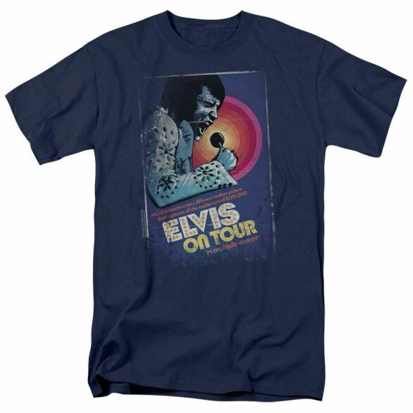 

elvis presley on tour poster t shirt mens licensed the king tee navy, White;black