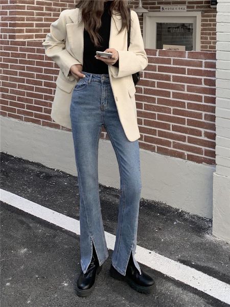 

vintage high waist fashion denim women casual stretch blue straight jeans female chic slit bell bottom slim trousers women's