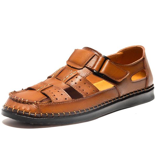 

sandals large size men's casual shoes summer breathable beach natural leather sandalen cover toe sneakers zapatos de hombre mans, Black