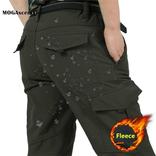

men winter cargo pants elastic waist travel softshell fleece waterproof windproof thermal warm long trousers plus size 4xl 211119, Black