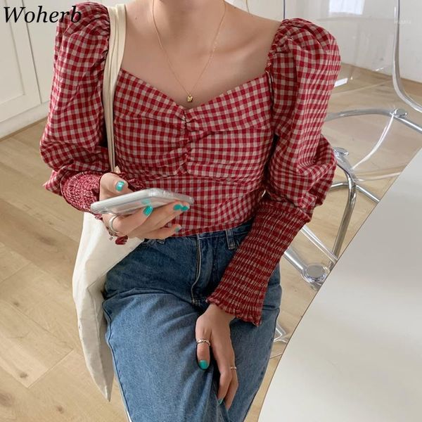 

women's blouses & shirts woherb blusas de mujer fashion plaid women square collar puff sleeve 2021 blouse korean slin fit 7c739, White