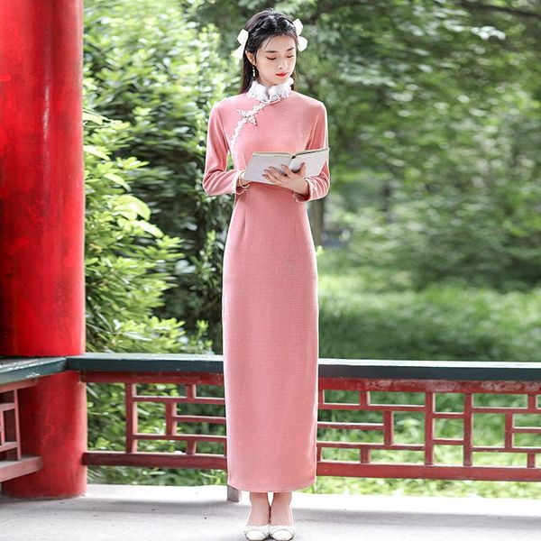 

ethnic clothing autumn winter elegant lace trim chenill handmade buttons qipao long sleeve fur collar cheongsam size -3xl, Red