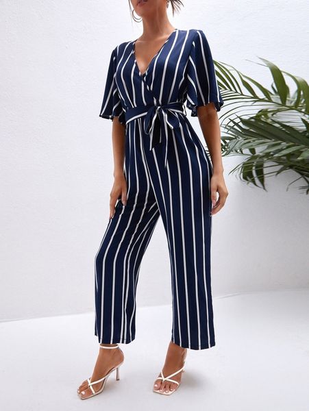 

striped flutter sleeve overlap collar belted jumpsuit a3jw#, White