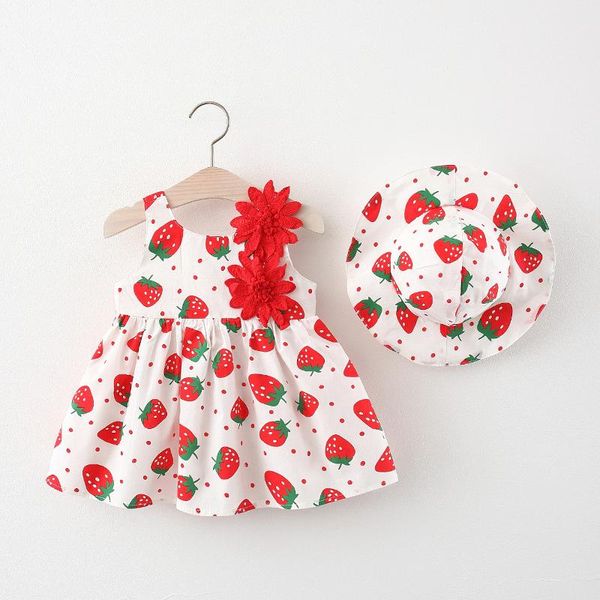 

baby girls casual dress 2021 summer toddler girl strawberry print dot vestidos with hat sleeveless born clothes girl's dresses, Red;yellow